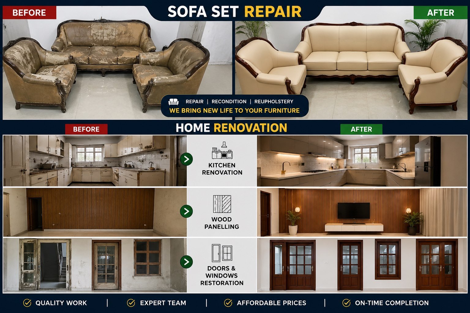 Before and after examples of sofa set repair, kitchen renovation, wood panelling, and door and window restoration by Mujtaba Furniture